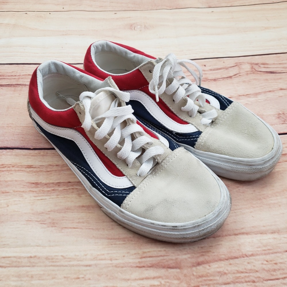 Vans Old Skool Shoes Womens Size 6 Red White Blue Canvas Suede Low Skate Sneaker